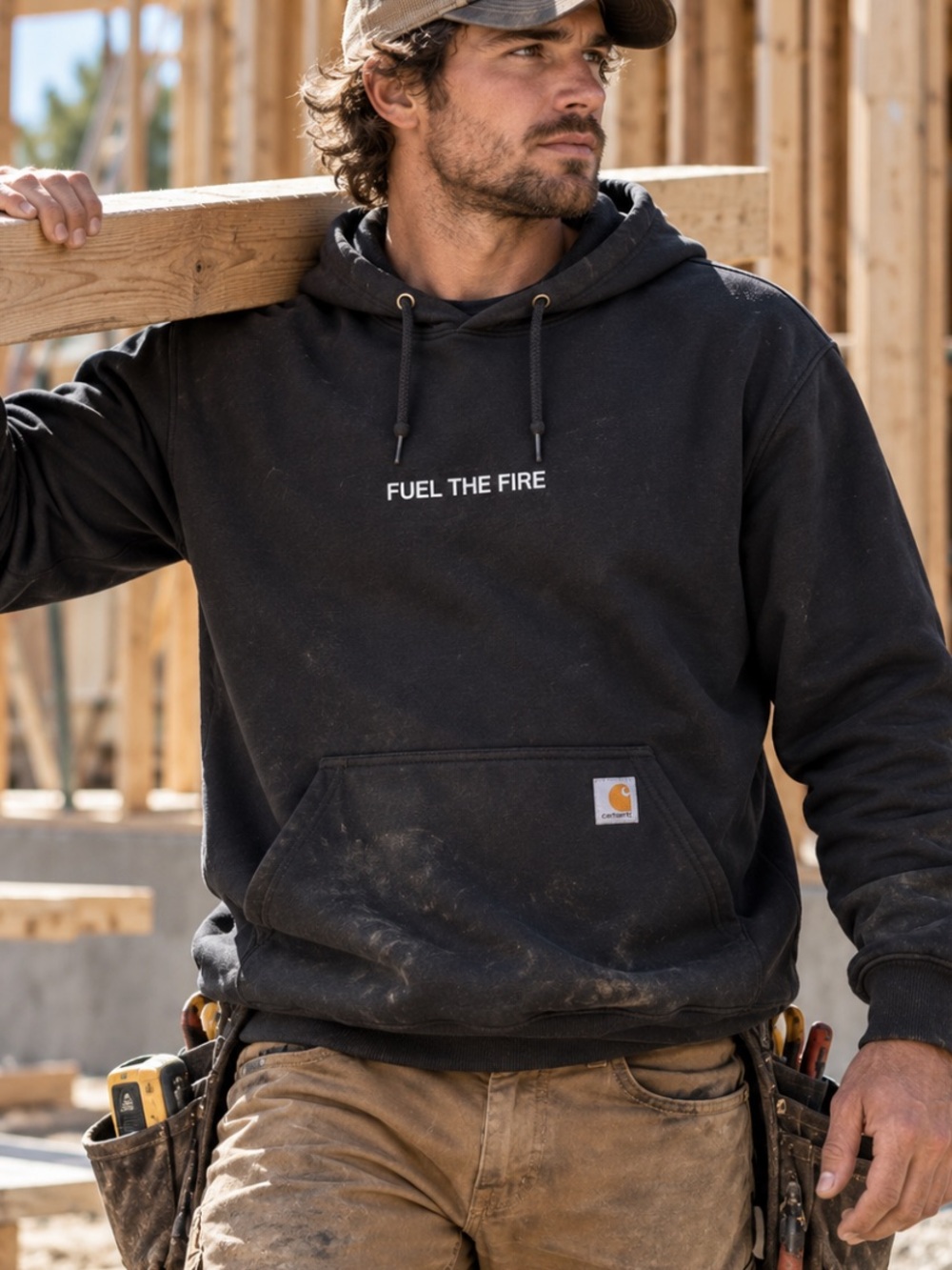Carhartt Black Hooded Sweatshirt with 'Fuel The Fire' Chest Print